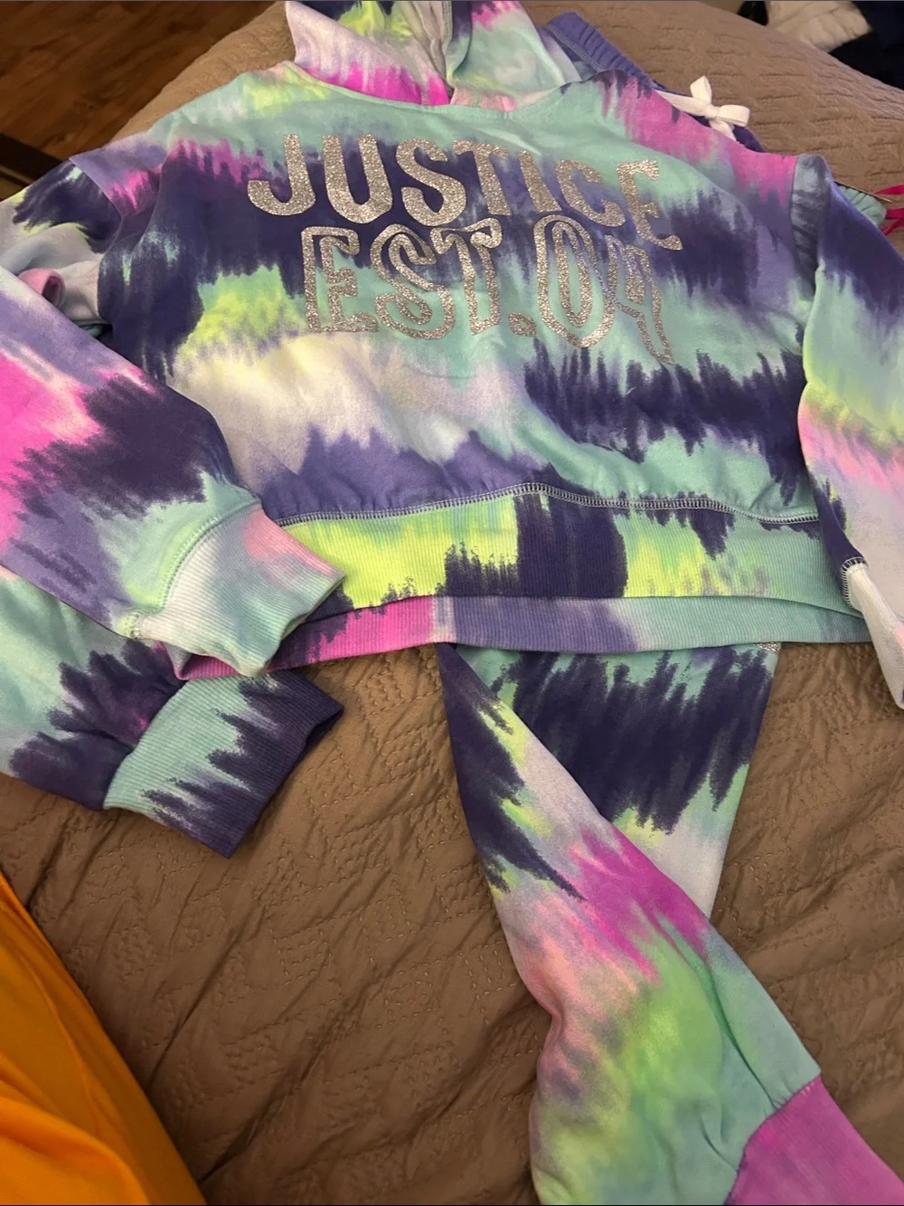 Justice Girls Tie-Dye Cropped Hoodie in Mint, Navy, Pink & Lime Size M(10)